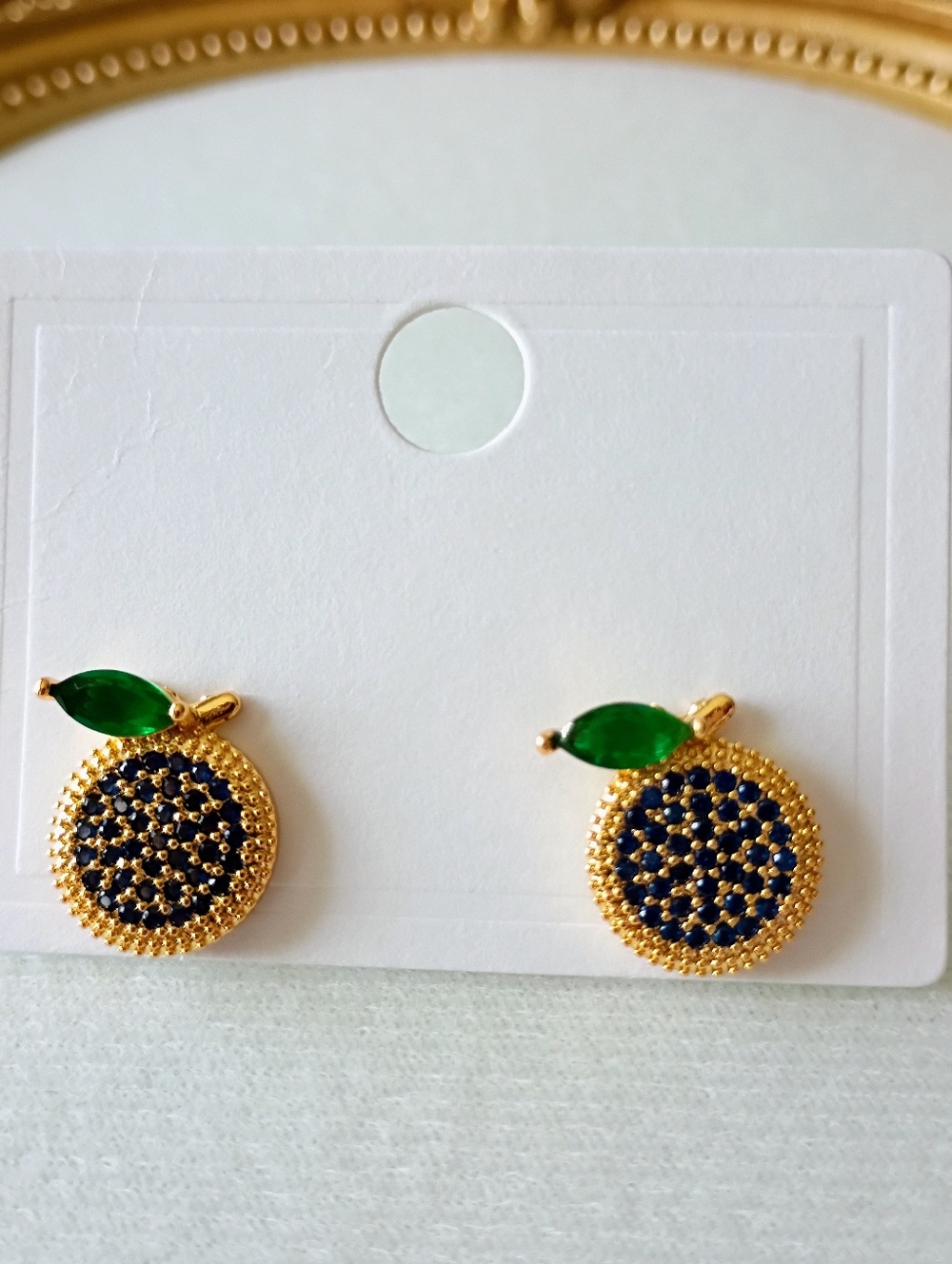 New Gold Plated Blue Crystal Fruit Stud Earrings with Green Leaf